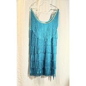 Turquoise Fringe Flapper Costume Dress L – Repair Needed